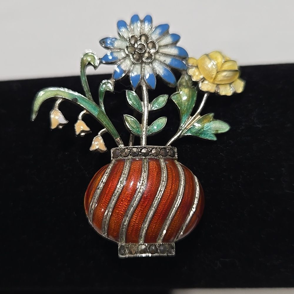 1930's Sterling Silver Floral Enamel Brooch